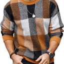 OYOANGLE Men's Color Block Plaid Print Long Sleeve Crew Neck Sweater Pullover Tops (Medium, Brown and Orange)