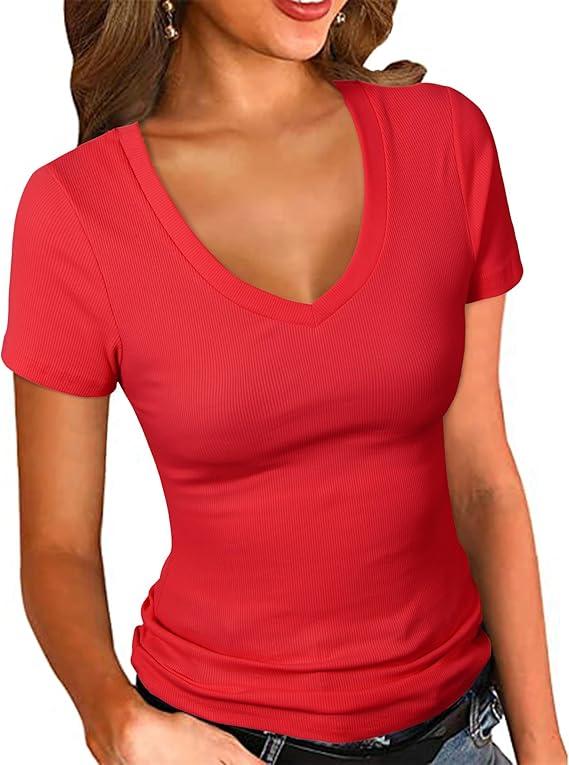 PALINDA Women's Short Sleeves Ribbed Fitted Shirt Basic V Neck Slim T Shirt Tops, Red