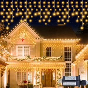 300L LED Icicle Lights, Warm White Window Curtain Lights,8 Modes with 30V Plug in for Wedding, Party, Bedroom, Home, Garden, Outdoor, Indoor Wall,Christmas Decorations,Connectable(Warm White)