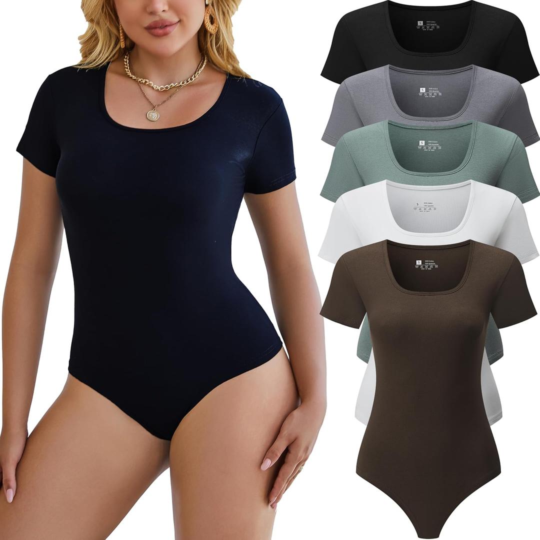 5 Pack Short Sleeve Bodysuits for Women Square Neck Casual Stretchy Basic Body Suits Tops T Shirts (Small, 5 Pieceblack/White/Coffee/Green/Grey)
