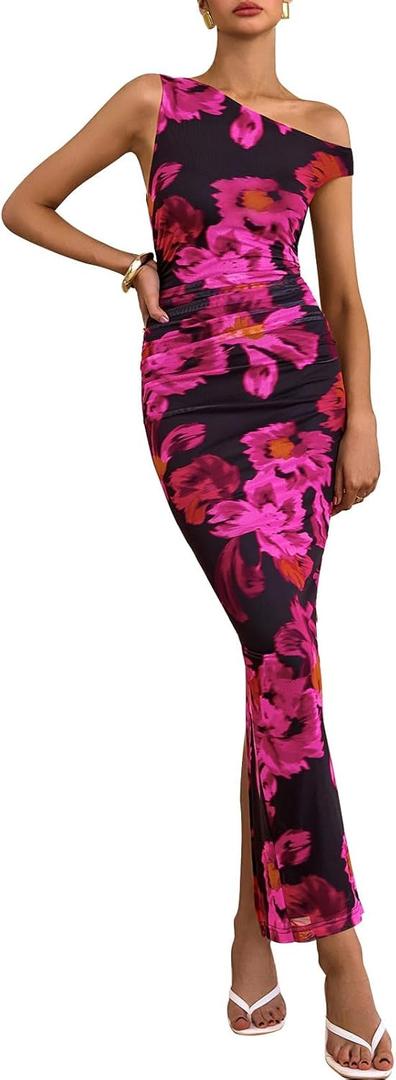 PRETTYGARDEN Women's 2026 Summer Floral One Shoulder Maxi Dress Wedding Guest Ruched Mesh Bodycon Long Cocktail Dresses XL
