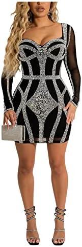 KRICESSEEN Sexy Rhinestone Crystal Mesh Patchwork Sheer Bodycon Dress Womens See-Through Birthday Clubwear Dresses, XL