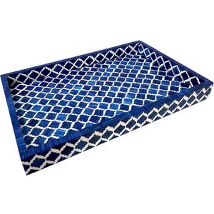 Handmade Blue White Bone Inlay Serving Tray Moroccan Damask Rectangular Wooden Platter for Dining Decor Breakfast Cheese Board Vanity Organizer