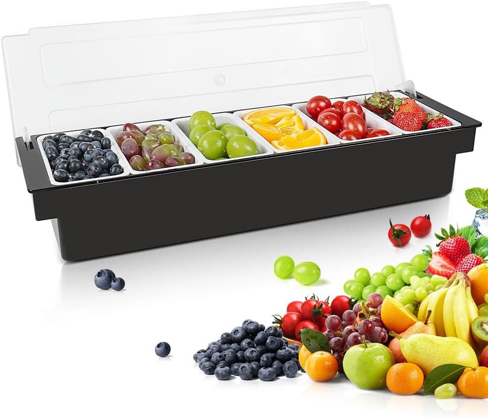 Condiment Garnish Tray Caddy For Bartenders,6 Compartments with Lid