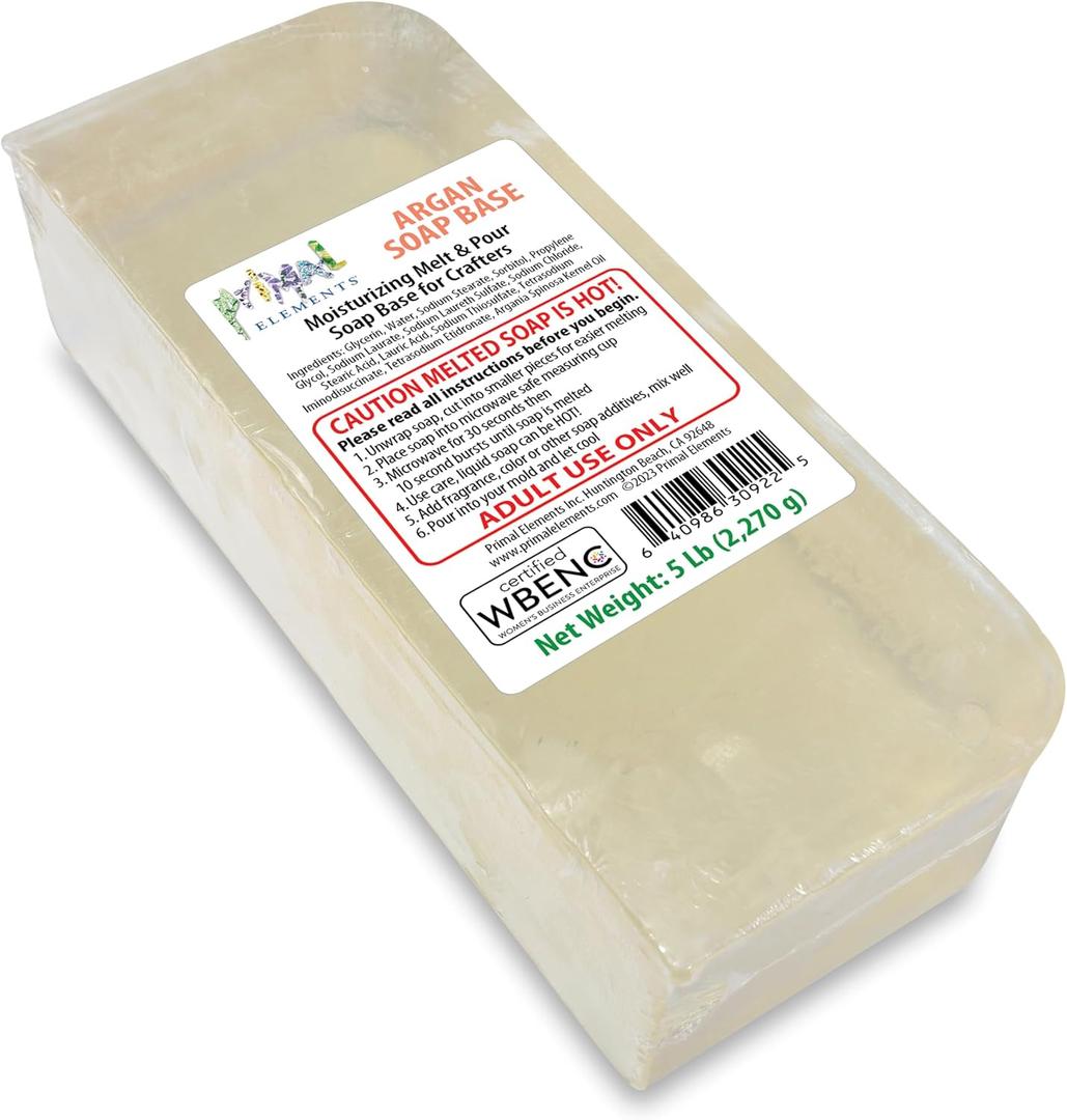 Primal Elements Argan Oil Soap Base - Moisturizing Melt and Pour Glycerin Soap Base for Crafting and Soap Making, Easy to Cut - 5 Pound