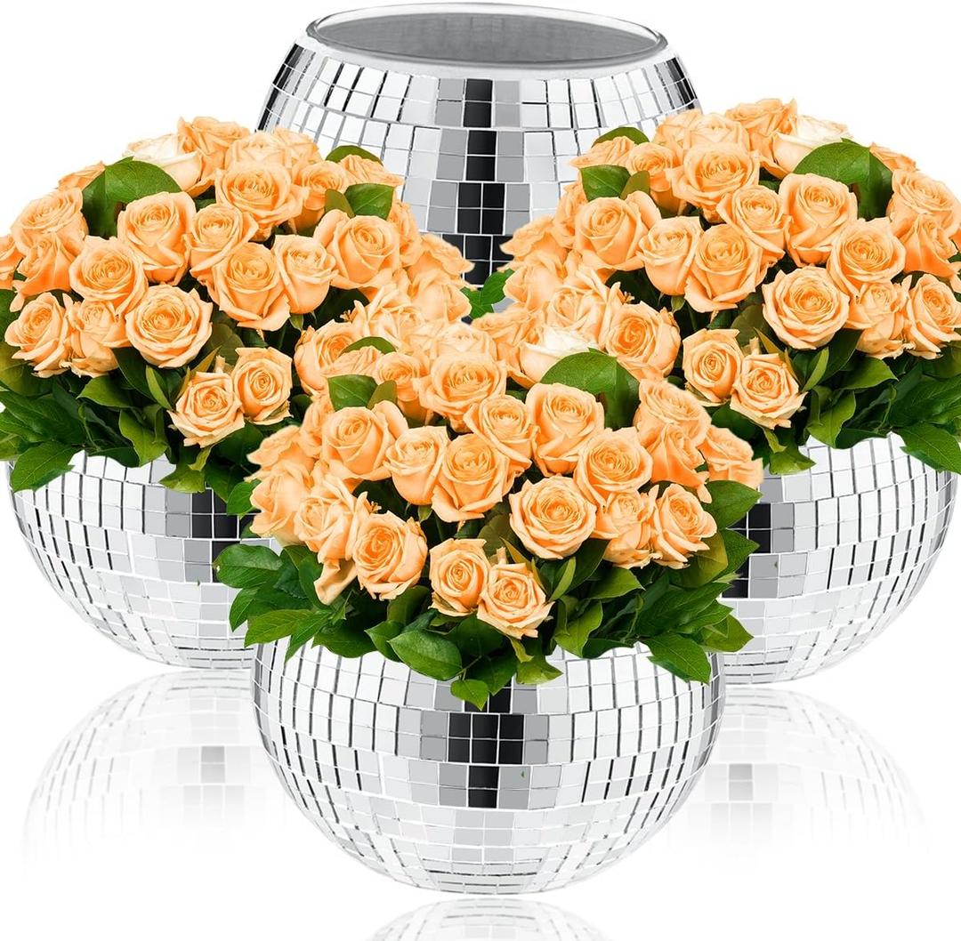 4 PCS Disco Ball Vase & Candle Holder, 5x6inches Mirrored Disco Ball Planter - Perfect Decoration for Living Room, Bedroom, Dining Table, Wedding, Party, Birthday