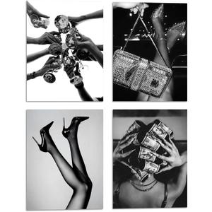 4Pcs African American woman Prints Fashionable Women's Retro elegance Luxury Glamour Posters Modern picture Black and White canvas Wall Artwall decoration paintings 12x16 Inches Unframed