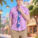 Nick Cosplay Costume, Hawaiian Pink Floral Fox Shirt with Tie for Adult Men, Halloween Animal Animated Film Character Suit (Purple)