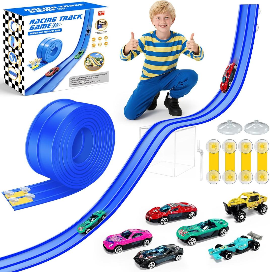 15Ft Flex Track, Flexible Race Car Track for Kids Toy with 10 Suction Cups, Rolls Up Portable Racetrack Compatible with Hot Wheels & Diecast 1/64th Cars, Christmas Birthday Gifts (Blue)