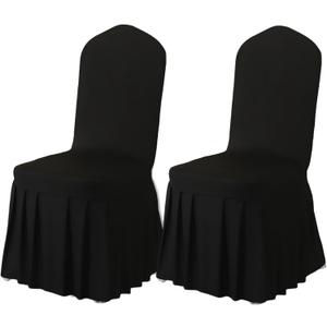 Qubjus 2 Pack Stretch Spandex Dining Chair Covers with Skirt  Washable & Fitted Slipcovers for Dining Room Chairs, Weddings, Home, Hotel Decor  Black