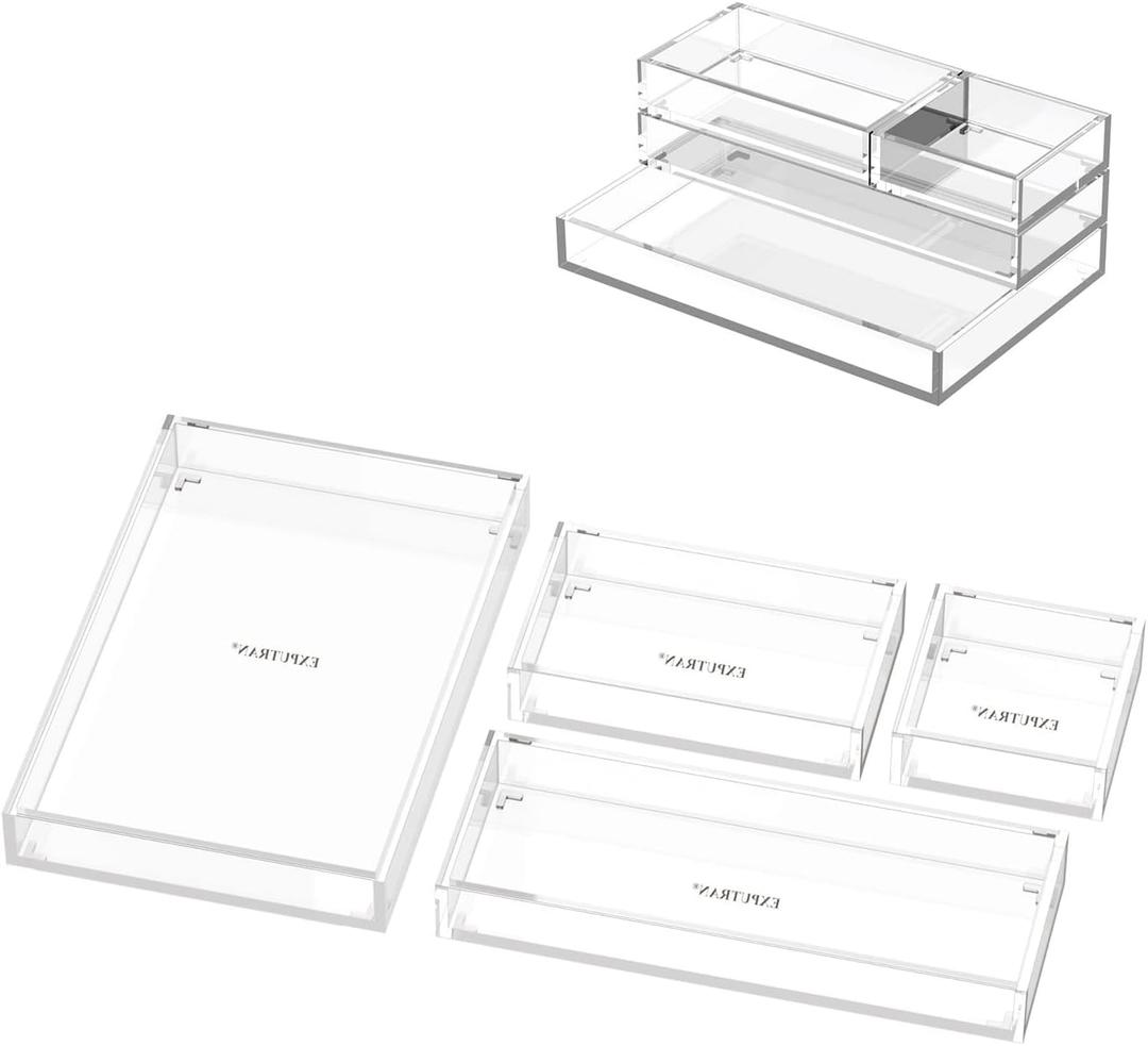Clear Acrylic Desk Organizer for Office or Home Desk Drawer Dividers, Makeup Vanity Storage Bins, Stackable 4-Pack, Acrylic Accessory and Half Accessory Tray/Small Tray