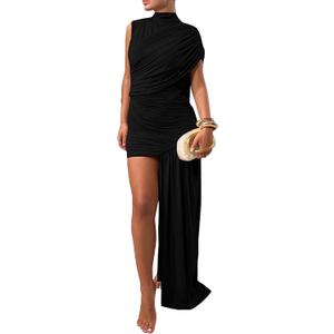 Kwunbwa Women's Sleeveless Ruched Maxi Dress Sexy Irregular Bodycon Casual Elegant Club Party Cocktail Long Dresses (Black, XL)
