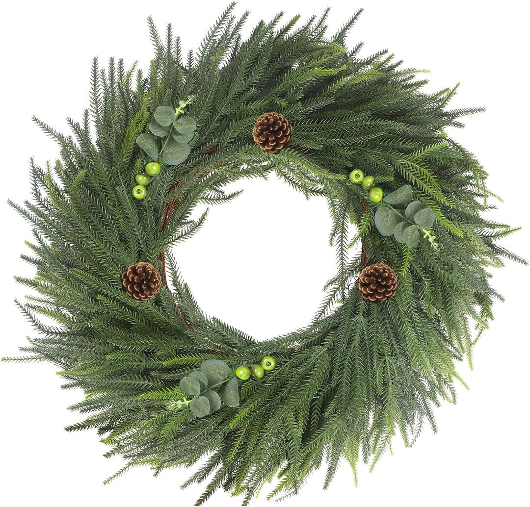 LOKEISNA Real Touch Norfolk Pine Wreath, 24" Artificial Christmas Wreaths for Front Door, Soft Bendable Pine Wreaths for Front Door, Christmas Door Decorations