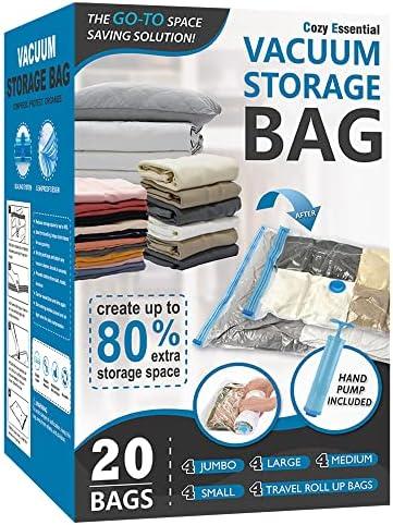 Cozy Essential Vacuum Storage Bags, 80% Compression Vacuum Seal Space Saver Plastic Packaging Bags for Clothes, Blankets, Pillow, Bedding, Comforters, Sealer Clothing Storage,20 Combo (Bag Count Undetermined)