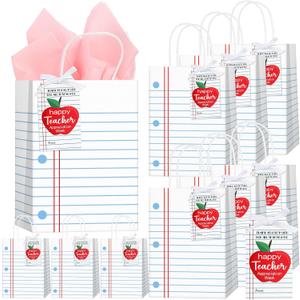Kolldenn 24 Sets End of the Year Teacher Gift Bags with Tissue Paper Teacher Appreciation Line Notebook Gift Bags with Handle Cards Back to School for Retirement