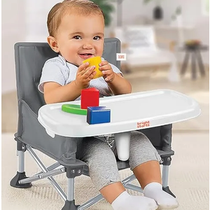 Bright Starts Pop 'N Sit Portable Booster, Indoor/Outdoor Use, Floor Seat with Feeding Tray, Grey, 6 Mos  3 Yrs