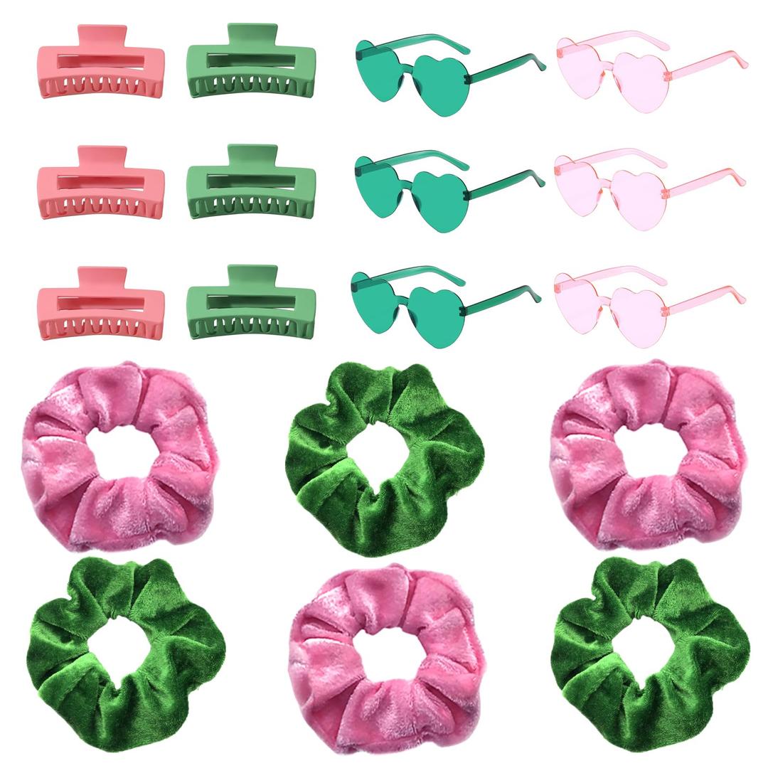18PCS Witch Scrunchies Hairpin Sunglasses Pink and Green Cute Square Hair Clip Claws Sunglasses Accessories Hair Tie for Princess Witch Party Gifts