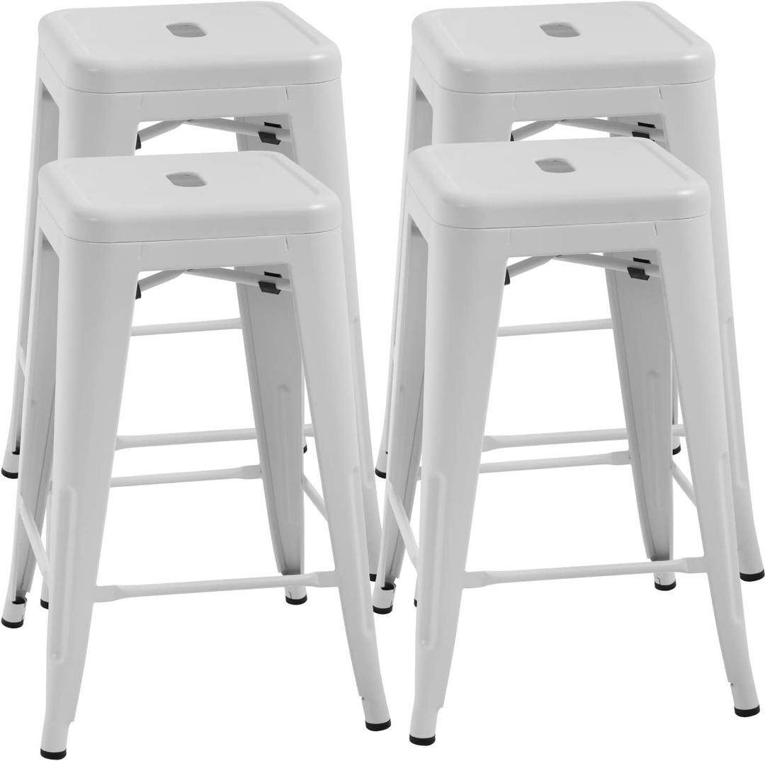 FDW Metal Bar Stools Set of 4 Counter Height Bar Stools 24 Inches Industrial Bar Chairs Patio Stool Stackable Backless Stool Indoor Outdoor Metal Kitchen Stools Bar Chairs (White, 24")