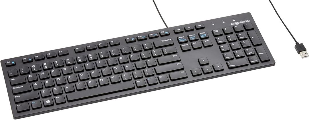 Amazon Basics Wired QWERTY Keyboard, Works with Windows, Plug and Play, Easy to Use with Media Control, Full-Sized, Black