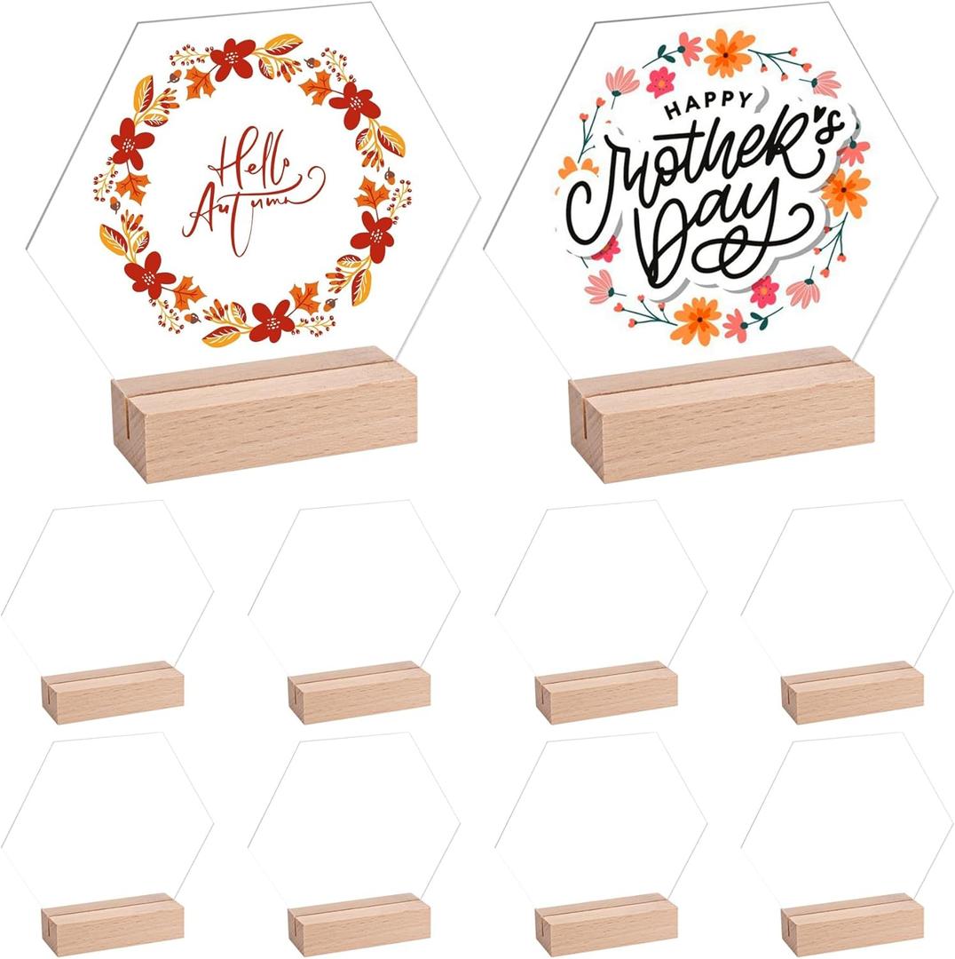 Framendino, 10 Pack Hexagon Acrylic Table Sign with Wood Stand DIY Wedding Signs Blank Holder Numbers Base for Party Decor