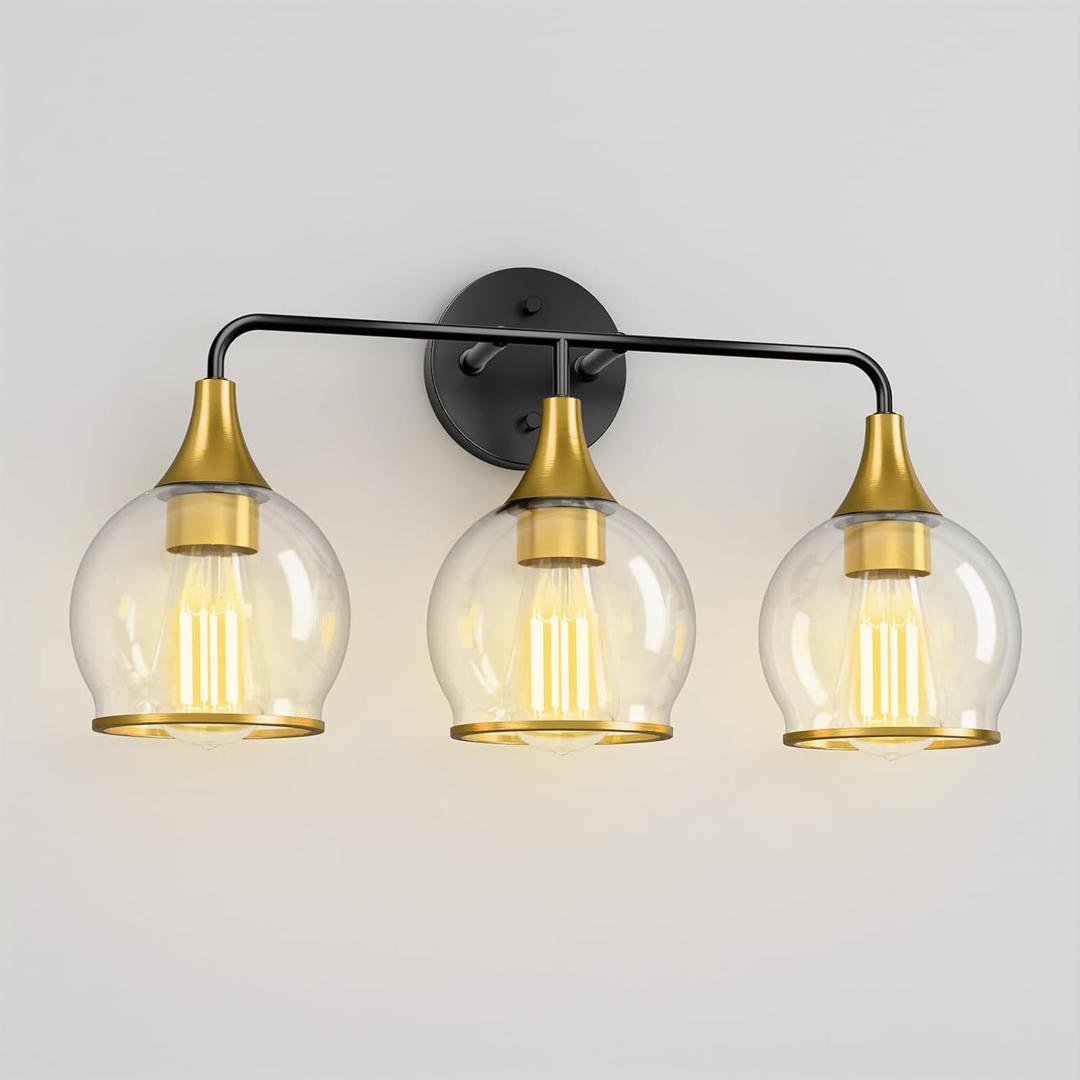 3-Light Bathroom Light Fixtures, Black Gold Modern Vanity Lights with Clear Glass Shade, Bathroom Wall Lamp for Mirror Living Room Hallway Cabinet Porch, ETL Listed