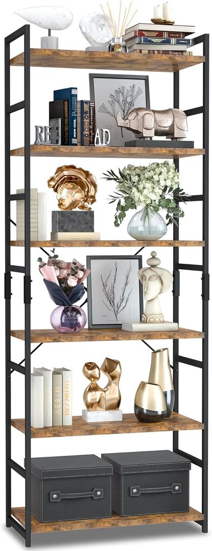 NUMENN 6 Tier Bookshelf, Tall Bookcase Shelf Storage Organizer, Modern Book Shelf for Bedroom, Living Room and Home Office, Vintage (11.8"D x 23.6"W x 66.5"H)