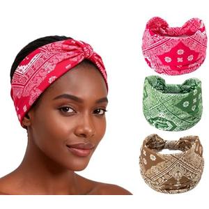XEF Headbands for Women Bohemian Wide Geometry Pattern Thick Hair Band No Slip Gym Elastic Twist Knot Athletic Headband Sweatbands Fashion Hair Accessories for Teen Girls