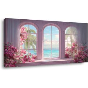 TEKMENT Pink Floral Beach Room Wall Art for Bedroom Canvas Painting Prints Beautiful Romance Sea Flower Window Cliffrose Windowsill Art Deco Romantic Artwork Office Girls Decor