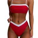 SUUKSESS Women Sexy Bandeau High Waited Two Piece Bikini Sets Cheeky High Cut Swimsuit Color Block Bathing Suit (Red White, Small)