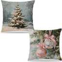 Pleonox Coquette Pink Bauble Christmas Tree Pillow Covers 18x18, Preppy Christmas Decor, Pastel Girly Pink Xmas Decorative Throw Pillow Covers for Girls Dorm Room Apartment, Set of 2