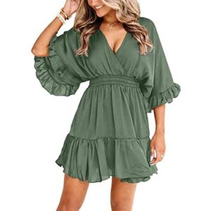 Aoysky Womens V Neck Casual Dresses Summer Loose High Waist Ruffle Pleated Cute Mini Short Dress (No Size)