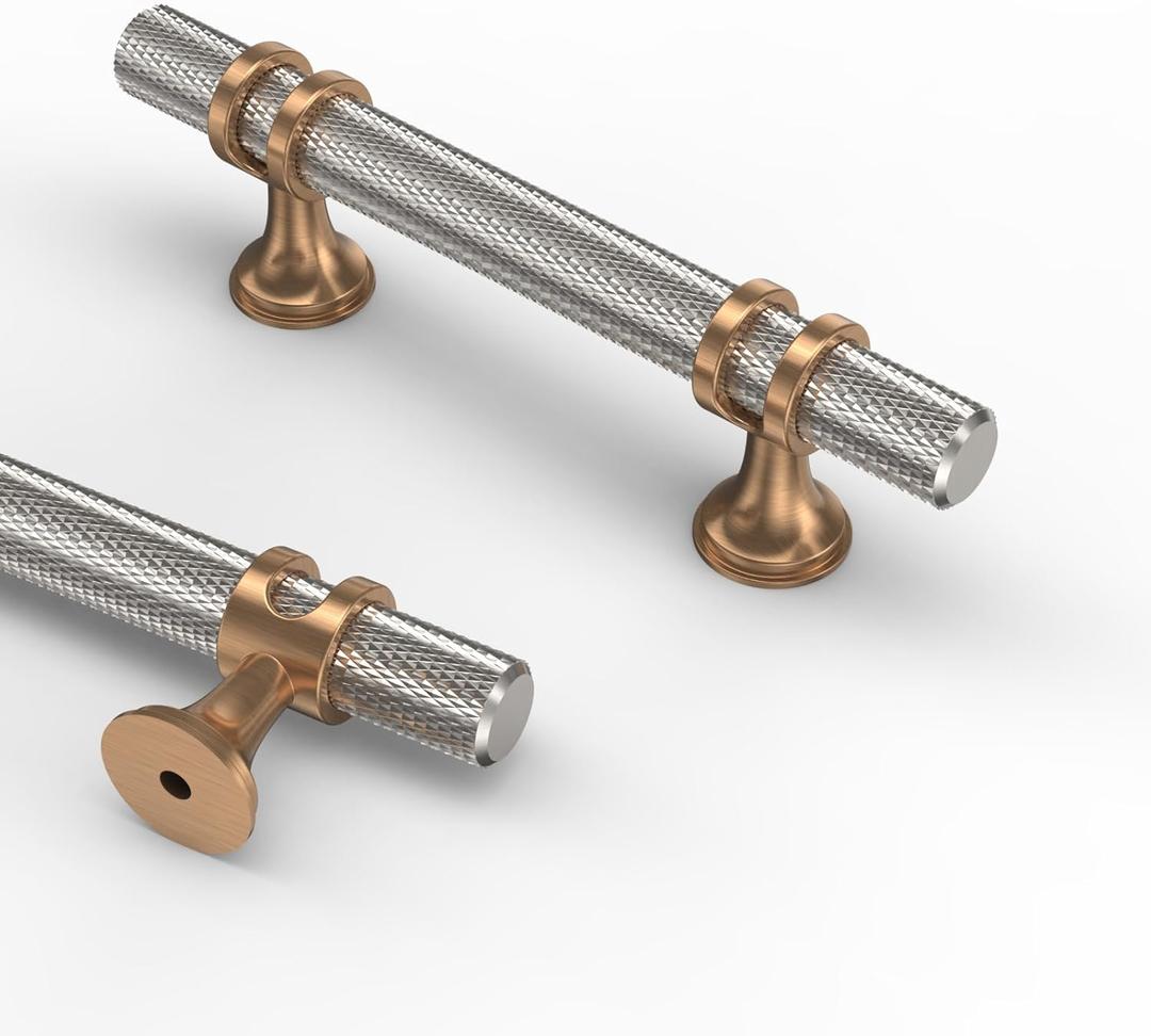 Asidrama 10 Pack 3 Inch(76mm) Knurled Satin Nickel and Champagne Bronze Kitchen Cabinet Handles, Cabinet Pulls Kitchen Cabinet Hardware Cupboard Handles Drawer Pulls (3" Hole Center)
