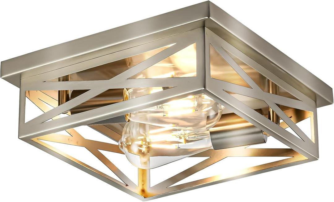 Farmhouse 2-Light Semi Flush Mount Ceiling Light Fixture, Modern Metal Cage Brushed Nickel Square Close to Ceiling Lamp, E26 Base Chandelier Ceiling Mount, Pendant Lighting for Hallway