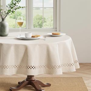 MIULEE Beige Round Linen Polyester Tablecloth with Decorative Cutouts Waterproof Stain Resistant & Shrink-Proof Table Cloth 60x60 inch Farmhouse Style for Dining Wedding Party and Outdoor Picnics