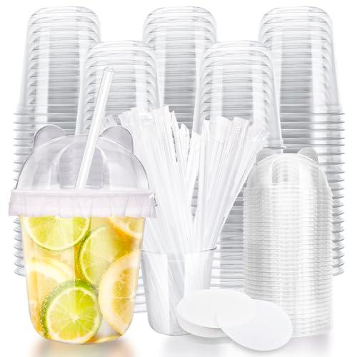 12oz Disposable Stemless Glasses With Bear ears Dome Lids and Straws,PET Disposable Drinking Cups,Clear Plastic Wine Glasses for Parties Birthday,Wedding,Meeting,Party Supplies (100, Transparent)