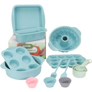 25 PCS Silicone Baking Pans Set, Nonstick Bakeware Sets with Round/Square Cake Pans, Muffin Pan, Baking Cups and Spoons for Bread, Cupcakes and Desserts (01-Blue)