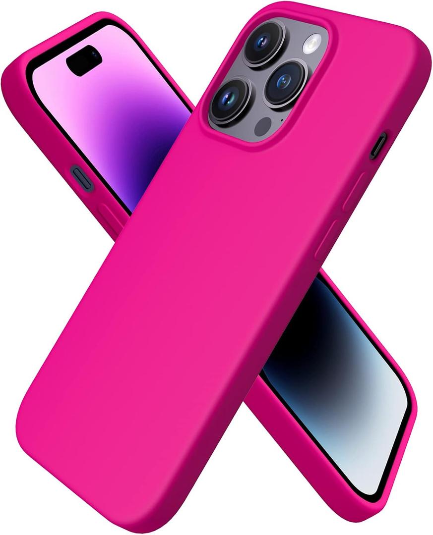 ORNARTO Compatible with iPhone 14 Pro Case 6.1, Slim Liquid Silicone 3 Layers Full Covered Soft Gel Rubber Phone Case Protective Cover with Microfiber Lining 6.1 inch-Hot Pink