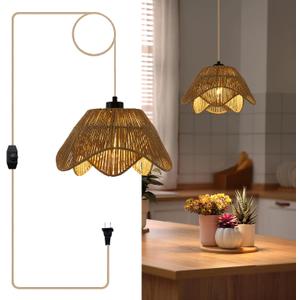 Plug in Pendant Light, Boho Rattan Hanging Lights with Plug in Cord,Rustic Hand Woven Wicker Hanging Lamp with On/Off Switch, Adjustable Plug in Ceiling Light for Kitchen Bedroom Living Room
