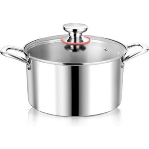 P&P CHEF 4 Quart Tri-Ply Stainless Steel Stock Pot, 4 Qt Stockpot Pasta Cooking Pot with Visible Lid for Soup Vegetable, Induction Cookware for All Stoves, Sturdy & Double Handle, Dishwasher Safe