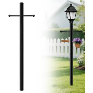 80 Inch Direct Burial Outdoor Lamp Post, 3" Diameter Black Heavy-Duty Galvanized Steel with 16" Cross Arm & Decorative Balls, Bottom Wiring Hole, Weatherproof for Driveway, Front Yard, Pathway
