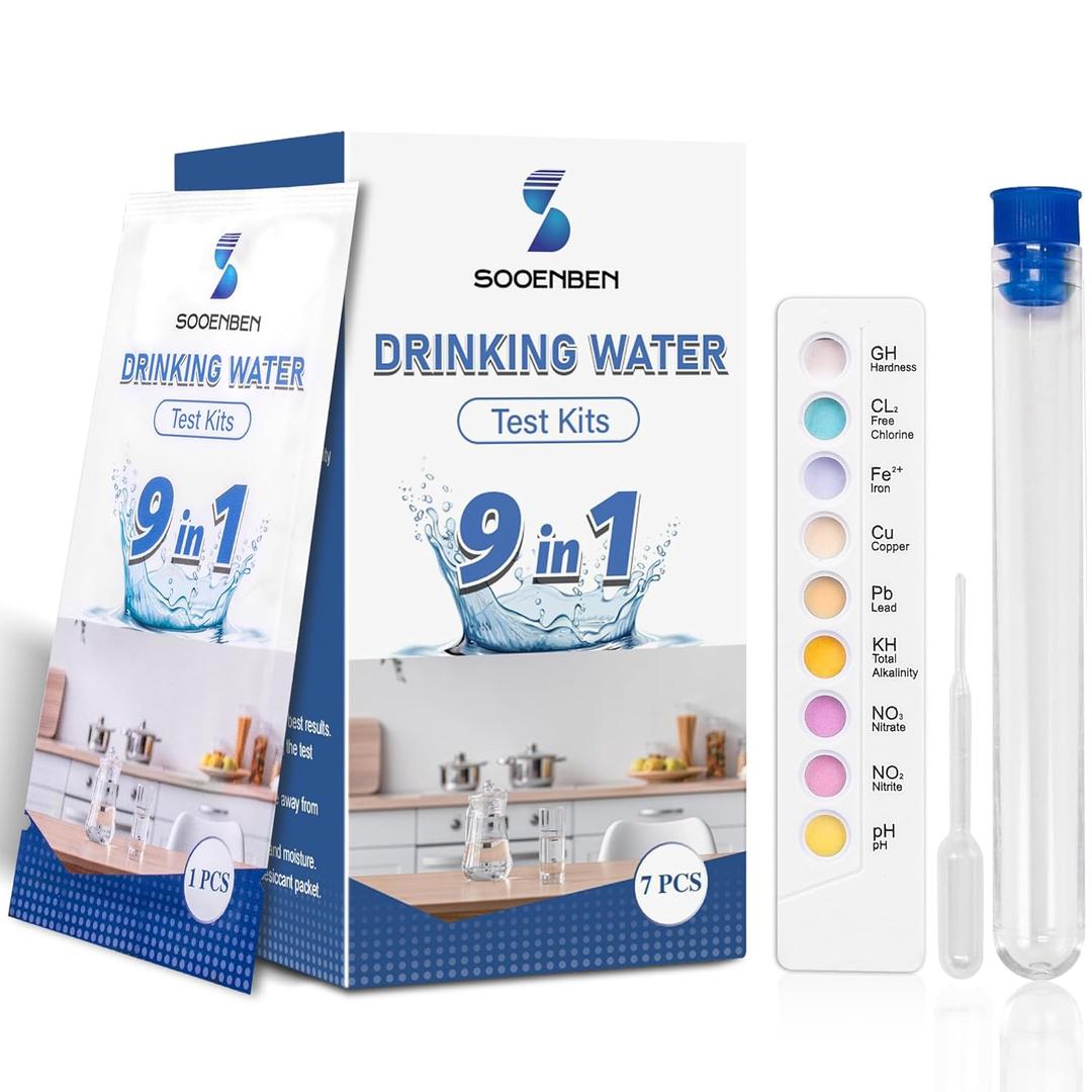 2025 Upgraded Drinking Water Testing Kit, Individually Wrapped 9-in-1 Home Tap and Well Water Quality Test Strips for Hardness, Lead, Iron, Copper, Chlorine, PH, Alkalinity, Nitrate, Nitrite, 7Pcs