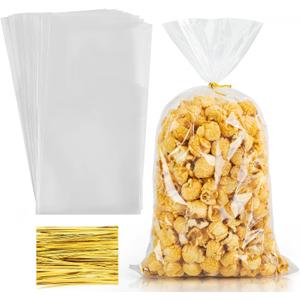 Labeol 100pcs Cellophane Bags 7X14 Popcorn Bags Treat Bag with Ties Goodie Clear Gift Bag for Packaging Party Favor Cookie Candy Bakery Plastic Cellophane Wrap