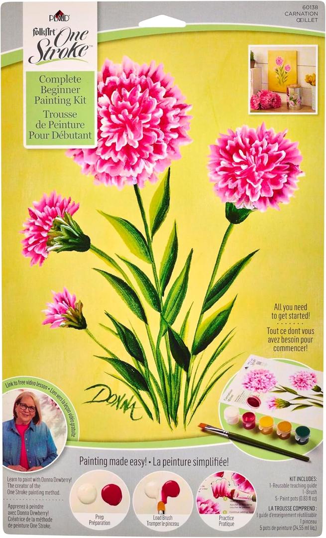 FolkArt, Carnation One Stroke Beginner Painting Kit, Includes 5 Colors, 1 Flat Brush, and a Reusable Teaching Guide