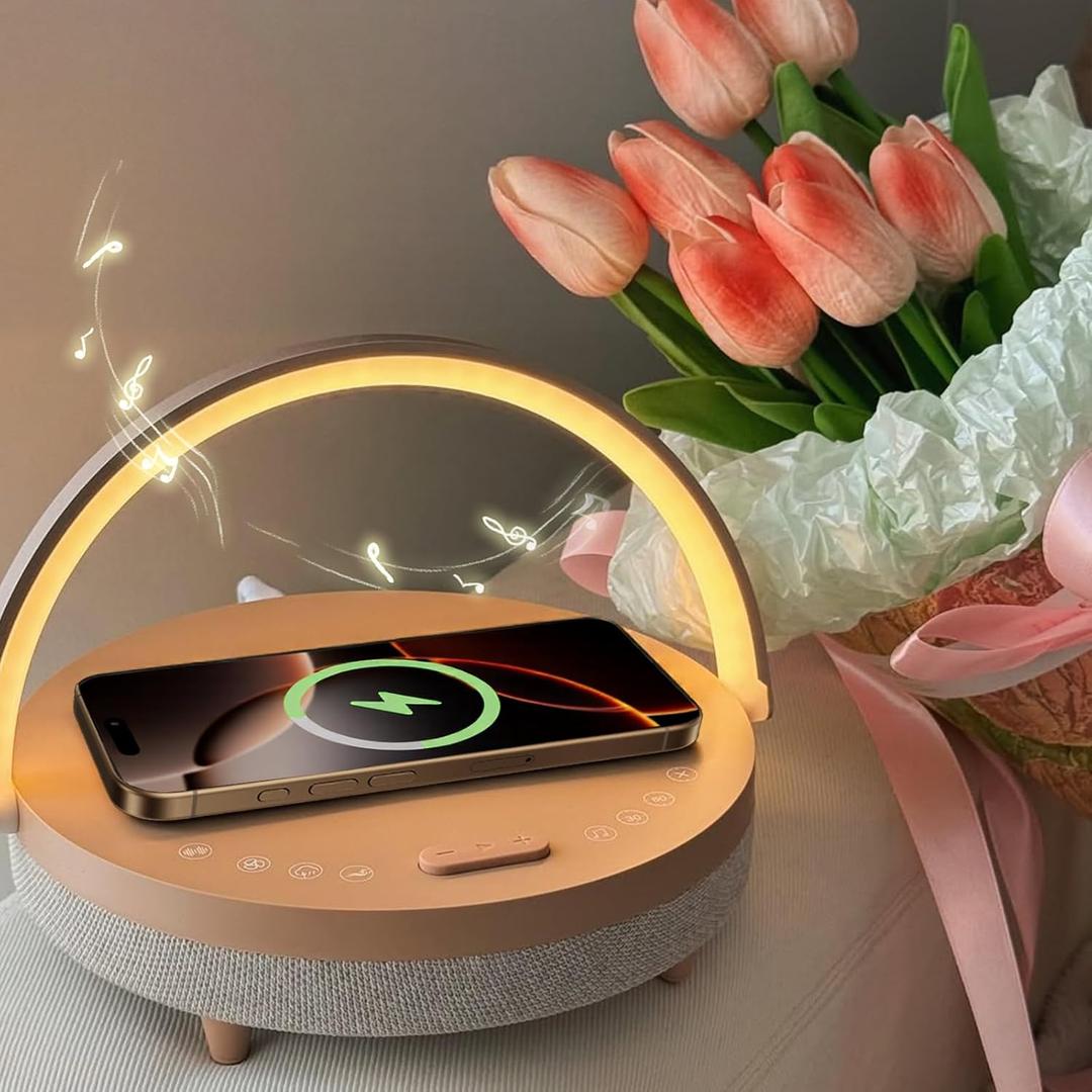 Vivilumens Birthday Gifts for Women 6 in 1 Bedside Lamps with Wireless Charger Bluetooth Speaker White Noise Machine Timer Setting Dimmable Touch Personalized Night Light with Phone Holder(Pink)