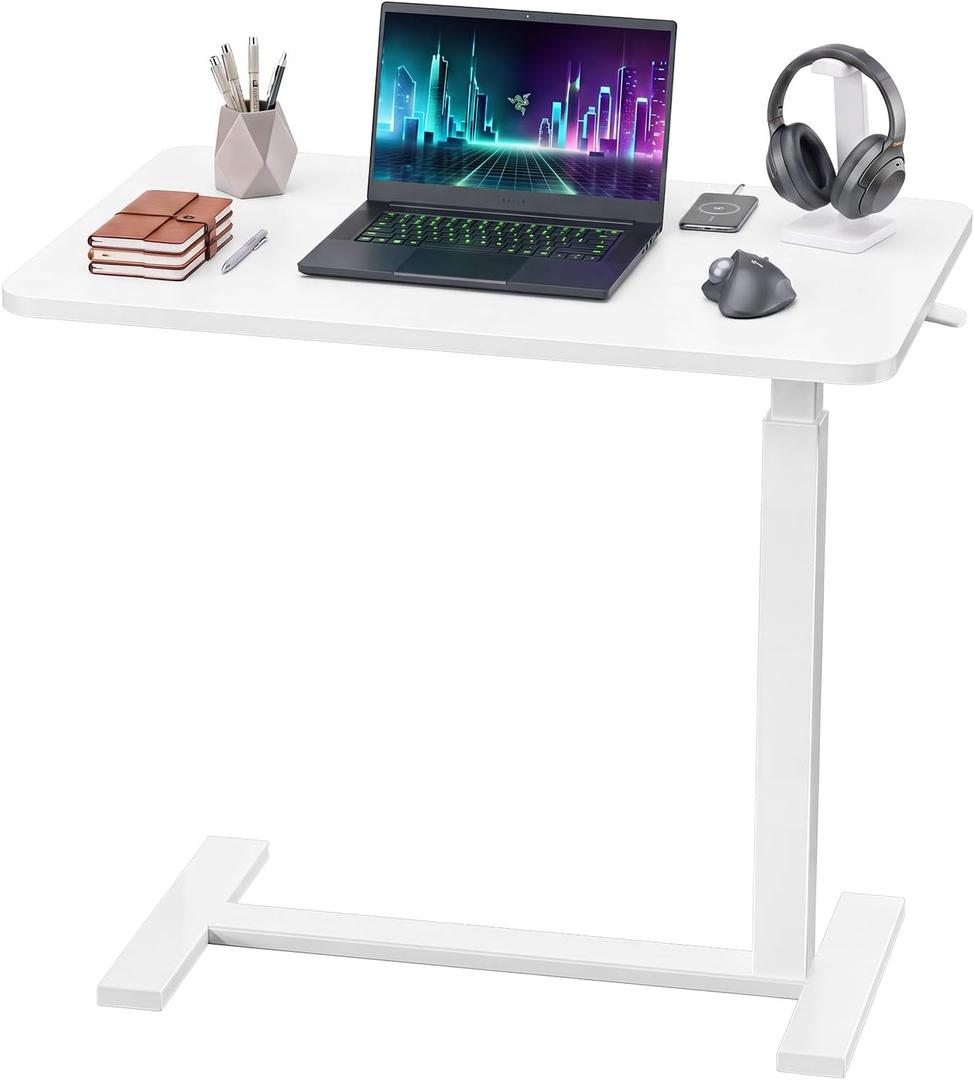 OLIXIS Bedside Table, Mobile Standing Desk, Bed Table for Apartment | Adjustable Overbed Design, Rolling Laptop Cart for Dorm, Space Saving, Hospital Home Use, Milk, 27"D x 15"W x 43"H