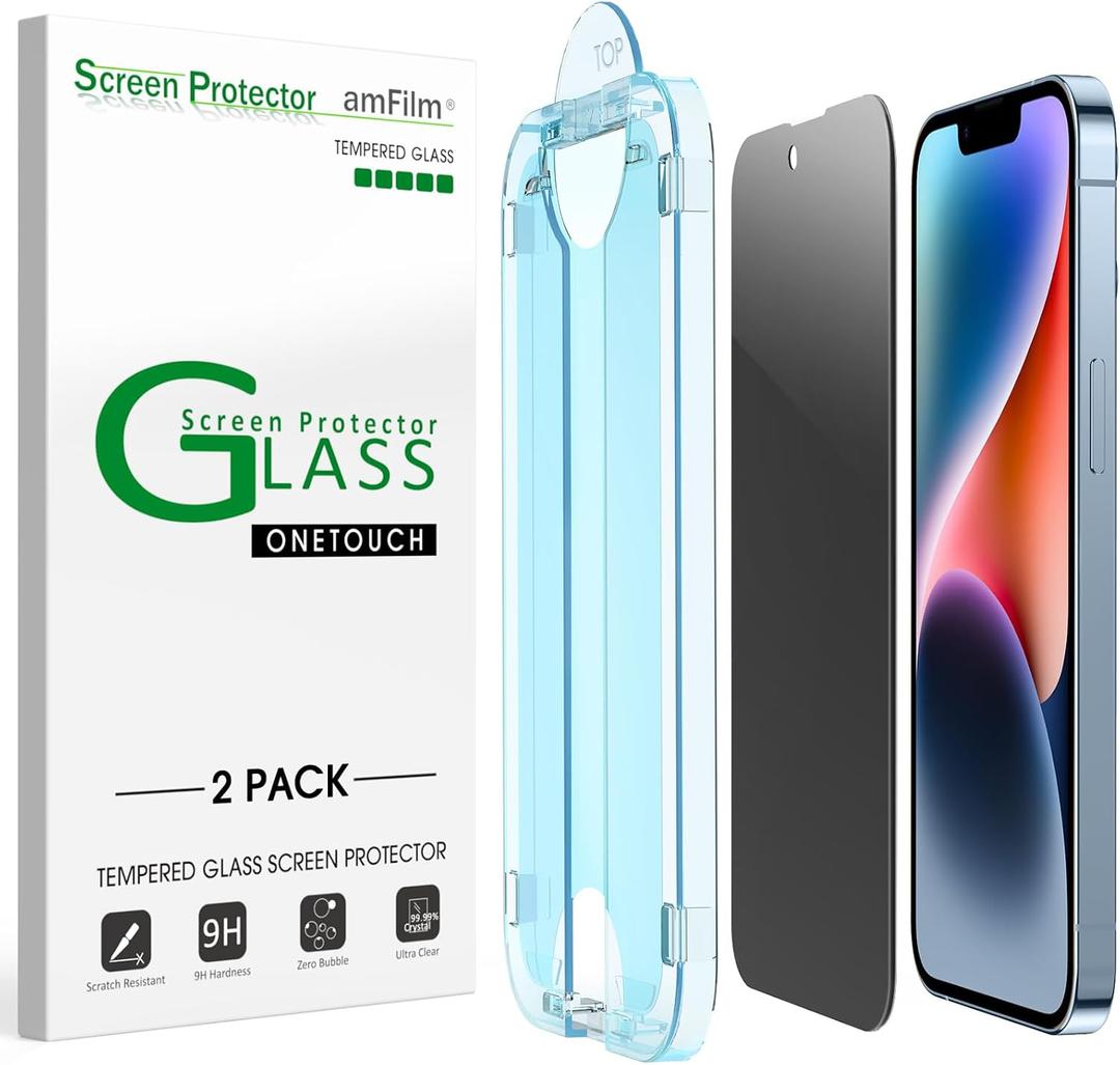 amFilm Auto-Alignment OneTouch for iPhone 16e/14/13/13 Pro [6.1''] privacy Screen Protector,Tempered Glass, 30 seconds Installation, Bubble Free, Case Friendly, Anti-Scratch [2Pack]