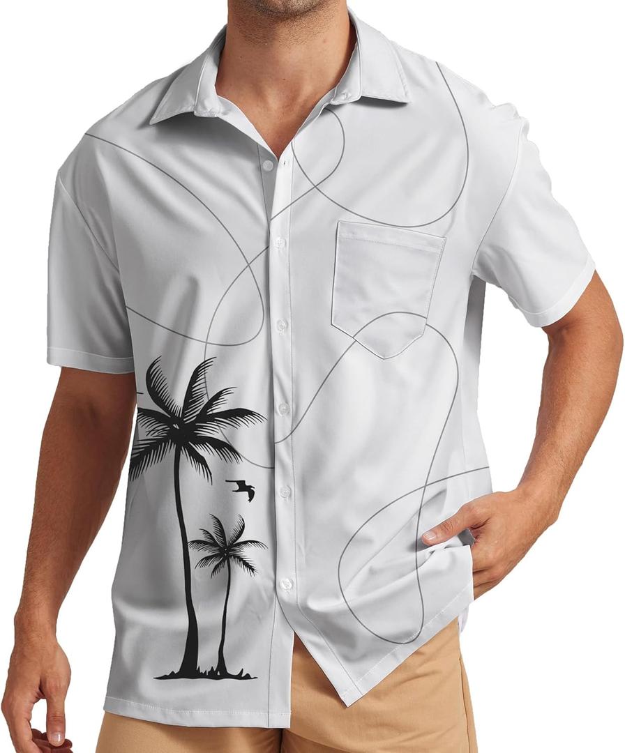 Men's Hawaiian Shirt Short Sleeve Casual Printed Button Down Tropical Shirt Summer Holiday Beach Hawaii Shirts (Medium, White)