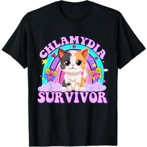 Chlamydia Survivor Funny Cat Sarcastic Y2K Inappropriate T-Shirt, Medium 