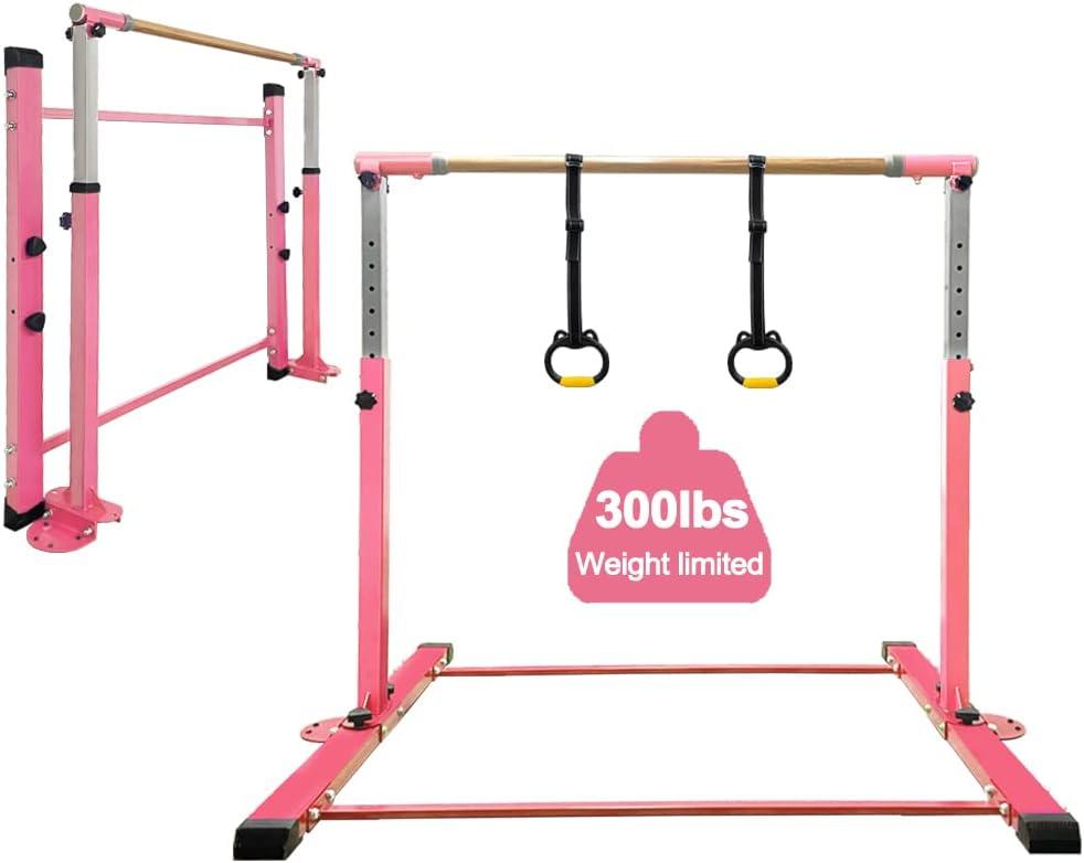 Gymnastic Kip Bar,Kids Girls Junior Ages 3-15,3' to 5' Adjustable Height,Home Gym Equipment,Home Training,1-4 Levels,260lbs Weight Capacity (PINK)