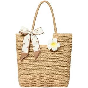 Straw Tote Bag for Women, Large Summer Beach Bag with Polka Dot Scarf & Plumeria Flower